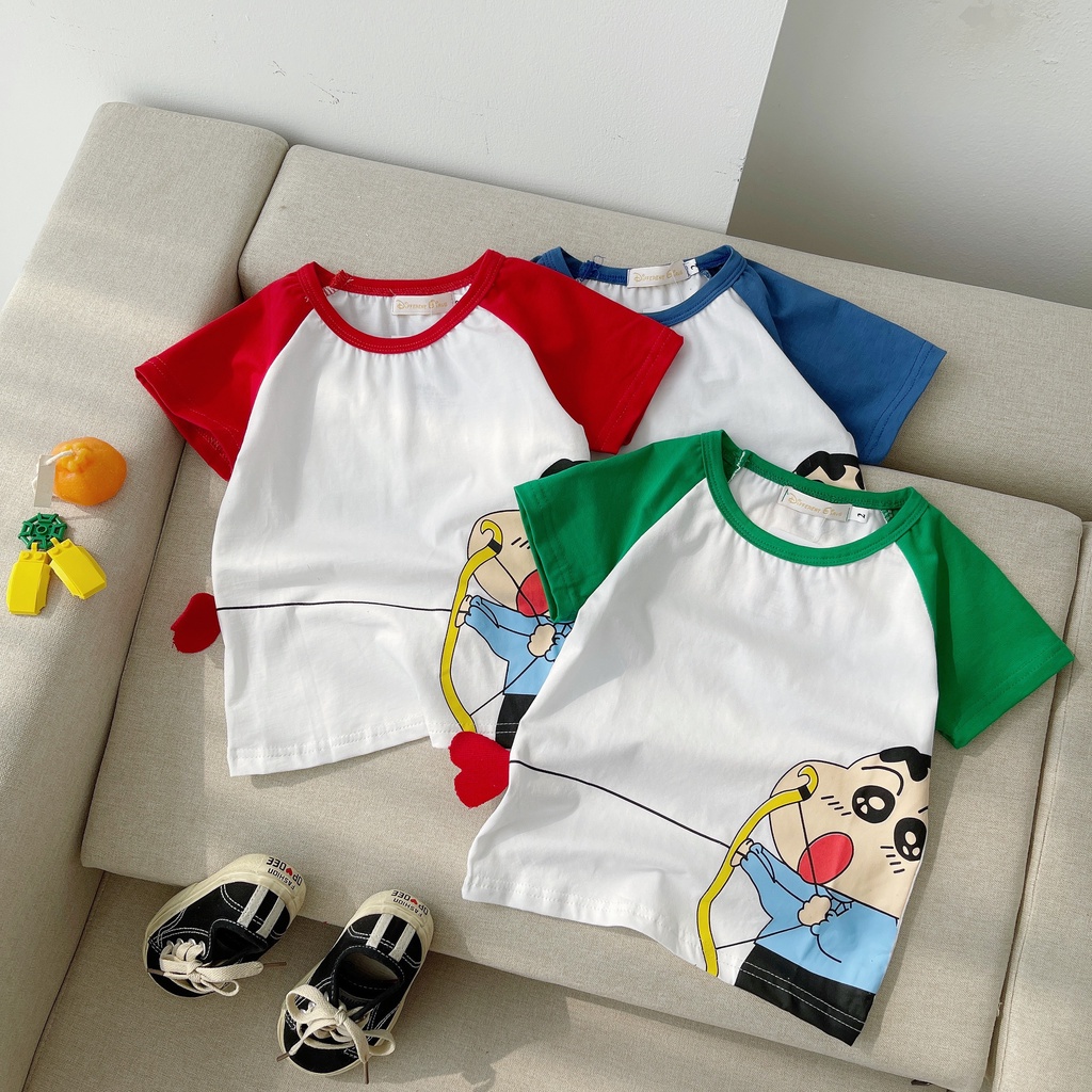 Bộ quần áo cho bé trai in hình chú bé Shin chất cotton, Bộ đồ cộc tay cho bé diện hè cực mát