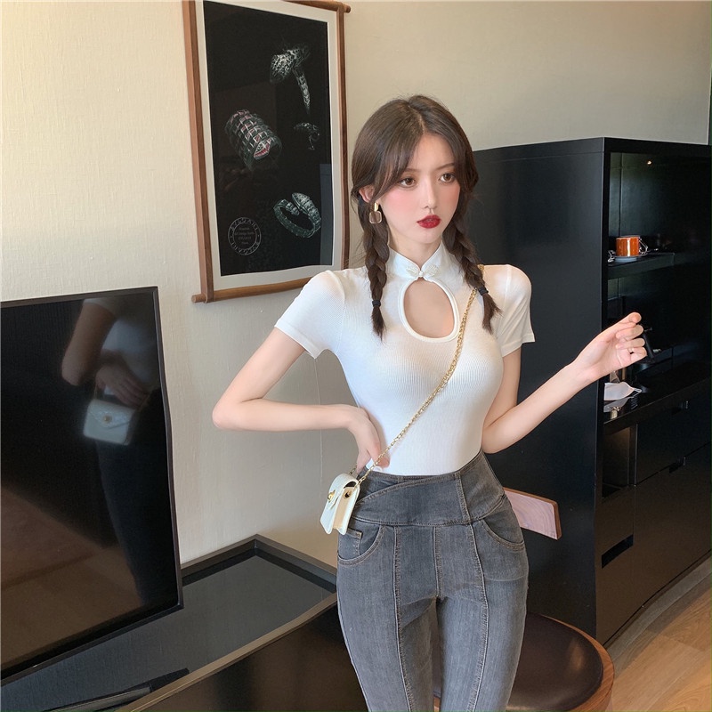 DUNEA Áo Thun Dệt Kim Cổ Đứng Dáng Ôm Thiết Kế Trẻ Trung Cho Nữ