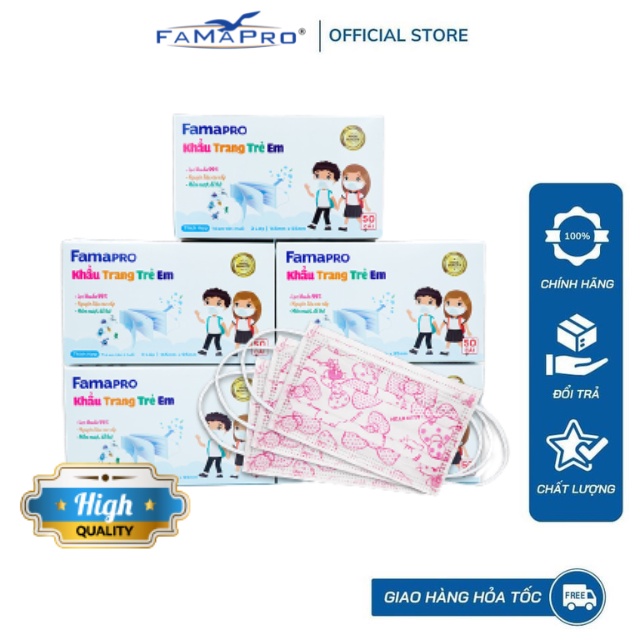 [COMBO 5 HỘP] MAX KIDS Khẩu trang y tế trẻ em kháng khuẩn 3 lớp Famapro hộp 50 cái