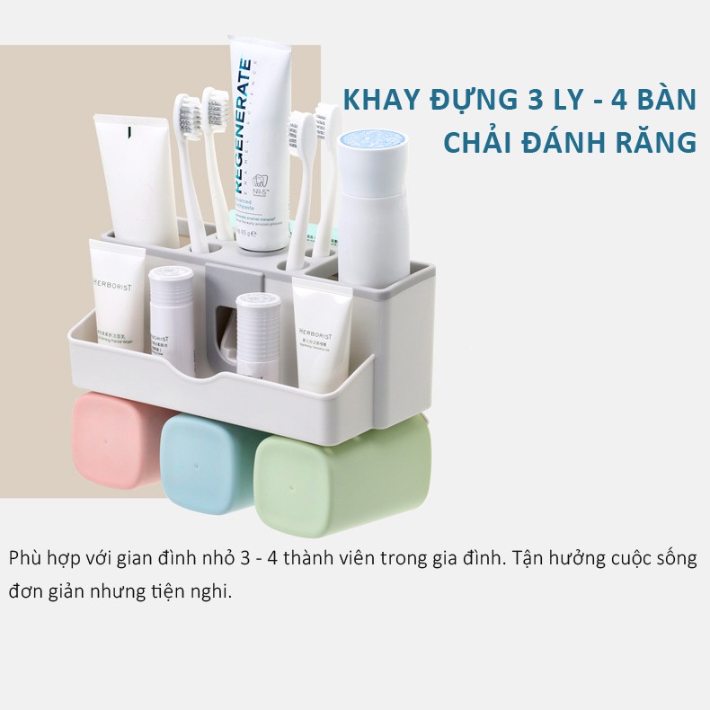 Kệ nhả kem đánh răng, đựng bàn chải treo tường (Tặng kèm cốc nước và miếng dán siêu dính)