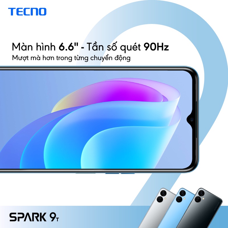 Điện thoại Tecno Spark 9T 4GB/64GB - Camera selfie 32MP | Khóa vân tay| 6.6" 90Hz