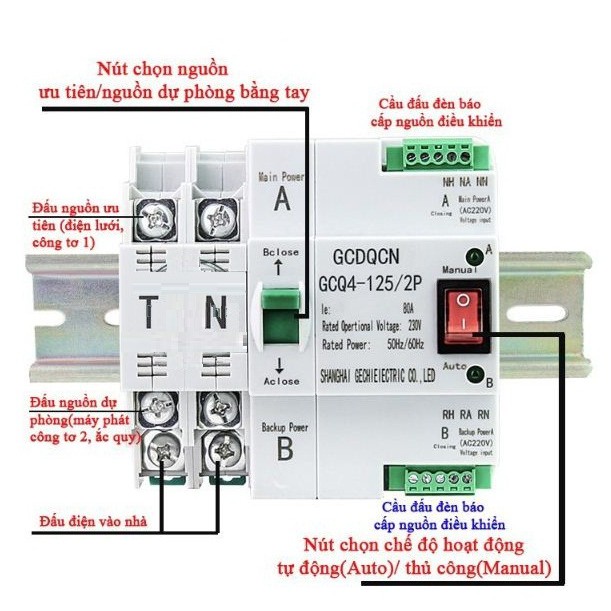Cầu dao đảo chiều tự động không gây mất điện ATS 2P-100A, Bộ đổi nguồn điện tự động, ATS
