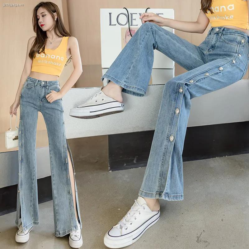 Quần jeans xẻ tà ống rộng lưng cao thời trang mùa thu 2021 cho nữ