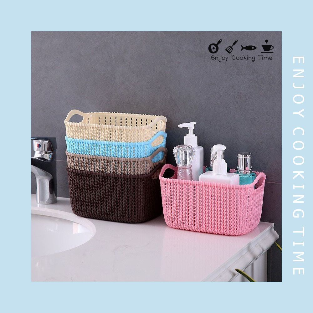 Rổ nhựa giỏ nhựa giả mây có tay cầm nhựa dẻo đựng đồ đa năng tiện ích 21x14x11 cm