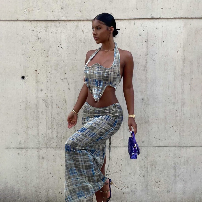 Set Áo Tank Top Sọc Caro + Chân Váy Xẻ Tà Lưng Cao Thời Trang Cho Nữ