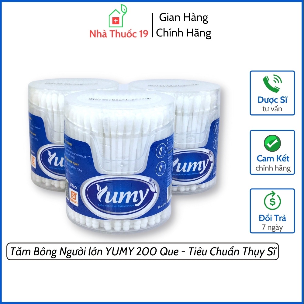 Tăm Bông YUMY Kháng Khuẩn Cho Người Lớn, Bông Ngoáy Tai Đầu Tròn Vệ Sinh Tai Mũi Họng, Tiêu Chuẩn Thụy Sĩ (Hộp 200 Que)