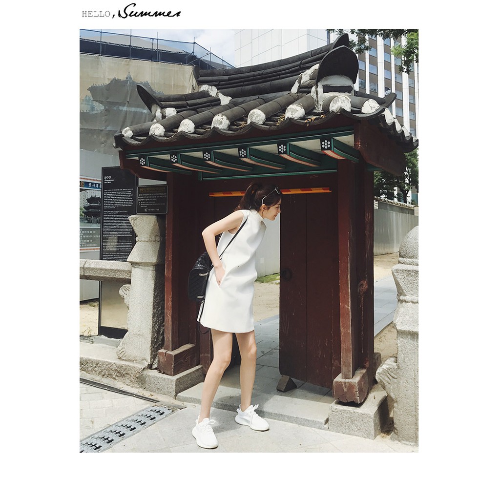 Phong cách mới kiểu Hàn Quốc Thanh lịch Váy suông thẳng không tay Váy ngắn chiều cao thêu chữ A Váy phụ