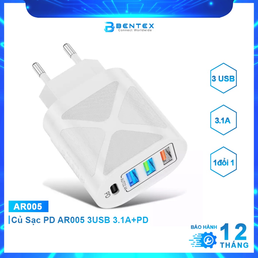 Củ Sạc PD 3USB AR005 3.1A+PD Tiêu Chuẩn Châu Âu Đốc Sạc Thông Minh Chống Cháy An Toàn - BENTEX