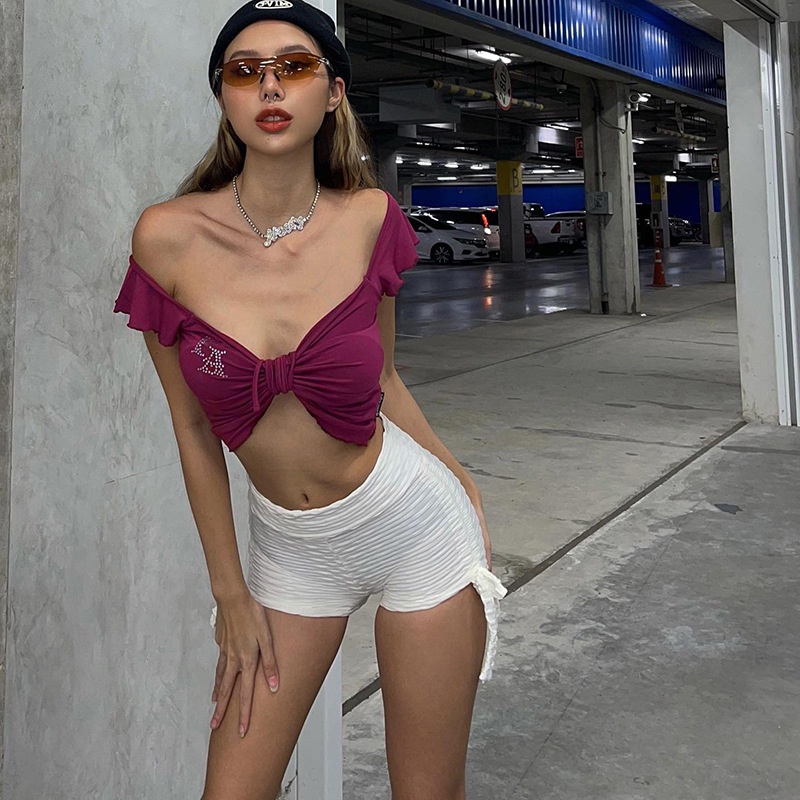 Áo Thun Cổ Vuông Hở Lưng Cột Dây Đính Đá Lấp Lánh Phong Cách Quyến Rũ