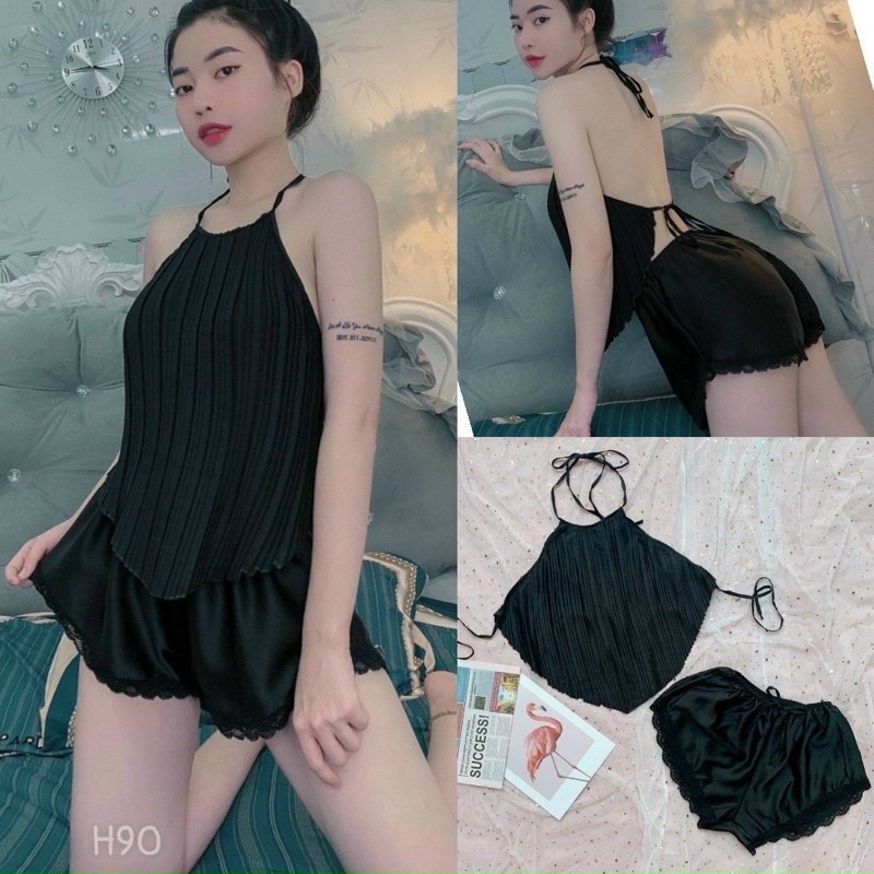 Đồ ngủ sexy , bộ đồ ngủ áo yếm buộc dây dập ly quyến rũ