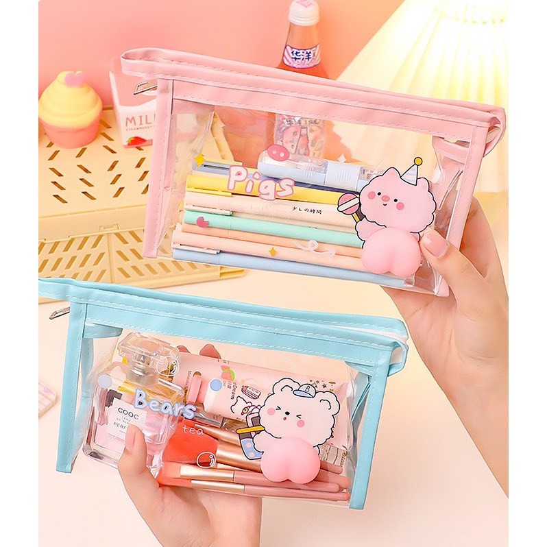 Hộp bút, túi đựng mĩ phẩm trong suốt in hình hoạt hình dễ thương