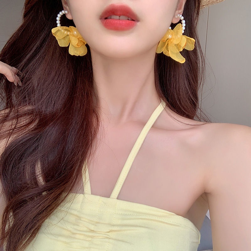 Bông Tai Hình Chữ C Đính Ngọc Trai Giả Bằng Vải Bạc 925 Thời Trang Pháp 8-2021