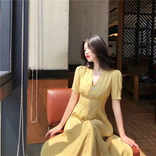 [Sẵn hồng S] Đầm lụa ulzzang cổ V phối cúc - u.w