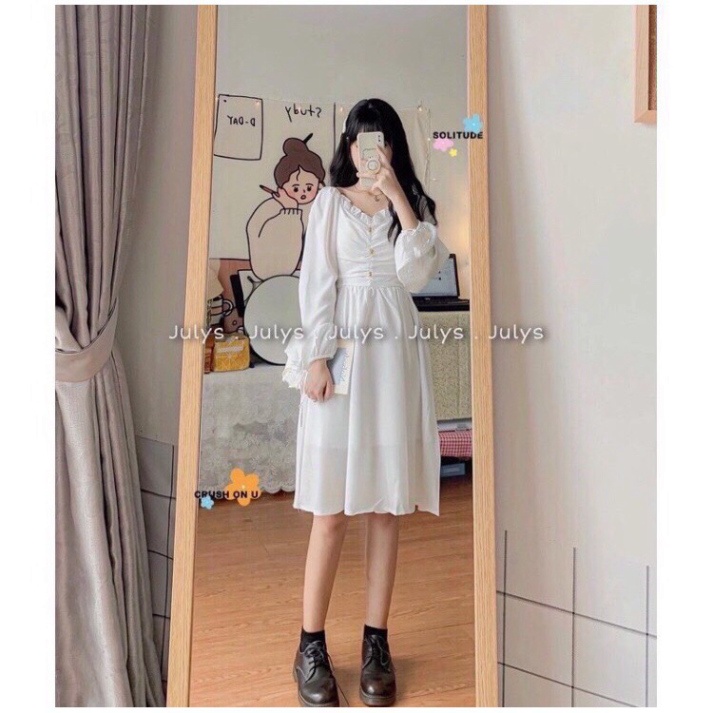 váy babydoll dáng dài trắng tay bồng 3 khuy ngực, đầm nữ dự tiệc dáng xòe babydoll màu trắng chất đẹp, thoáng hút mồ hôi