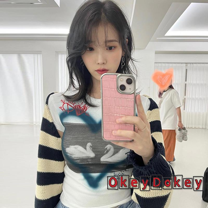 Áo Croptop Ngắn Tay Cổ Tròn Hở Rốn In Họa Tiết Thiên Nga Trái Tim Thời Trang Cho Nữ