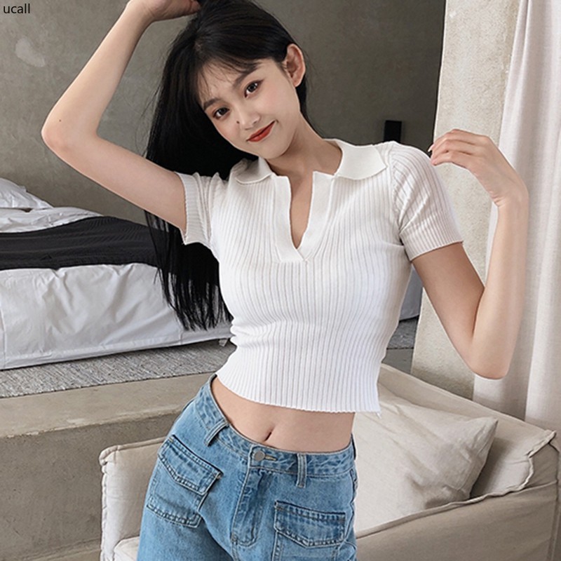 Áo Croptop Dệt Kim Tay Ngắn Thiết Kế Cổ Bẻ Thanh Lịch