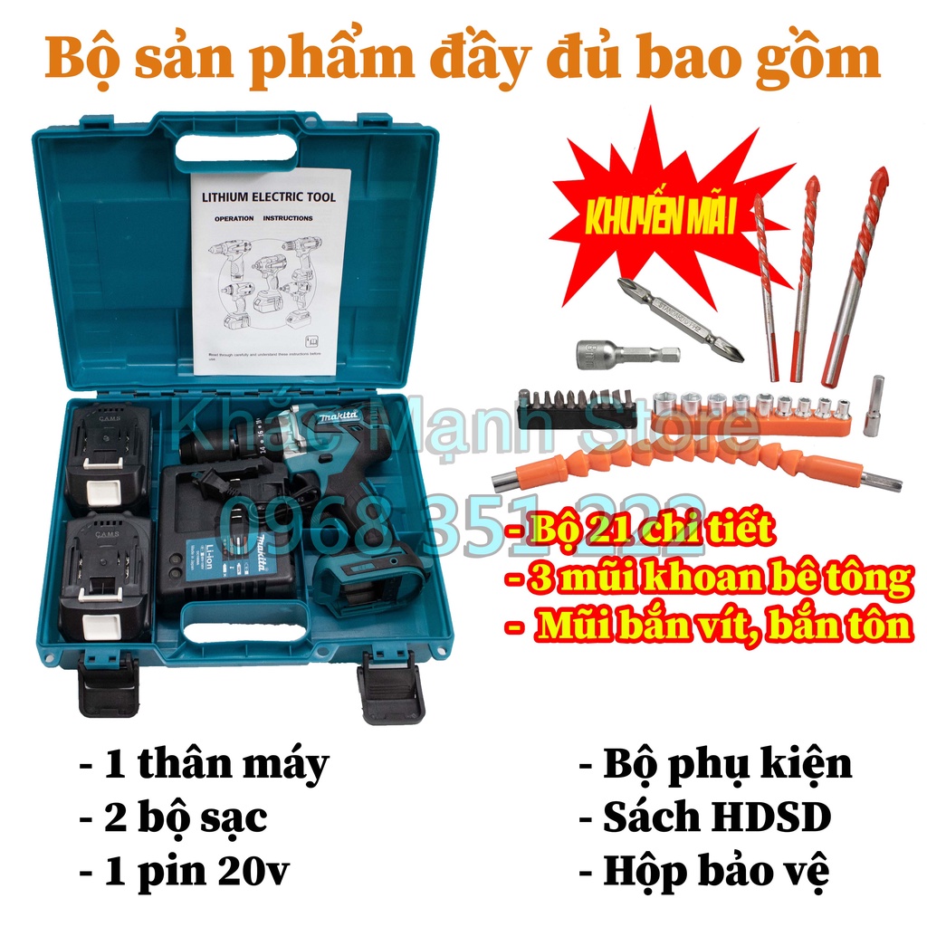 Máy Khoan Pin MAKITA 199v Không Chổi Than, Mô tơ lõi đồng 100%, Tặng bộ phụ kiện