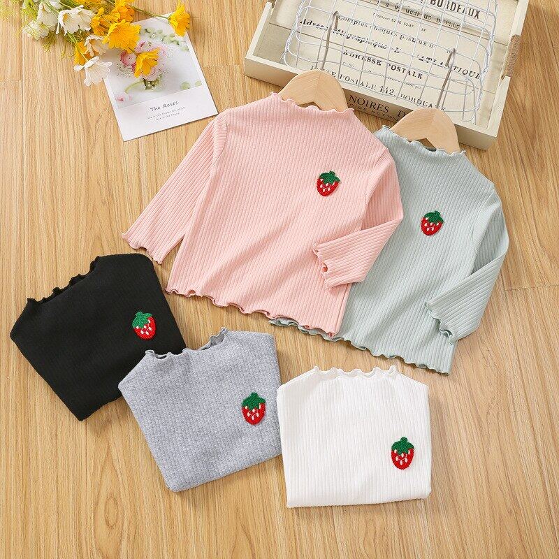 Áo Thun Cotton Cổ Rùa Họa Tiết Dâu Tây Thời Trang Thu Xuân Dành Cho Bé Gái 1-5 Tuổi