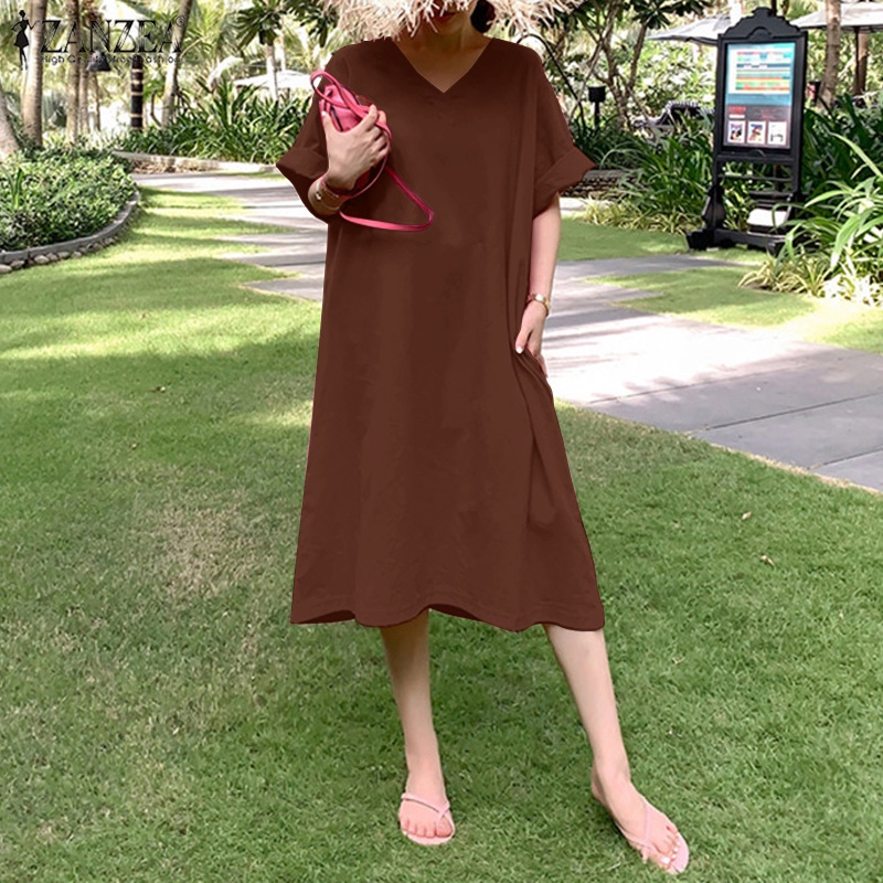 Đầm midi ZANZEA tay ngắn cổ chữ V phong cách Hàn Quốc cho nữ