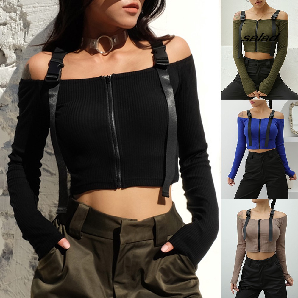 Áo Croptop Tay Dài Trễ Vai Phối Khoá Kéo Thiết Kế Màu Trơn Thanh Lịch