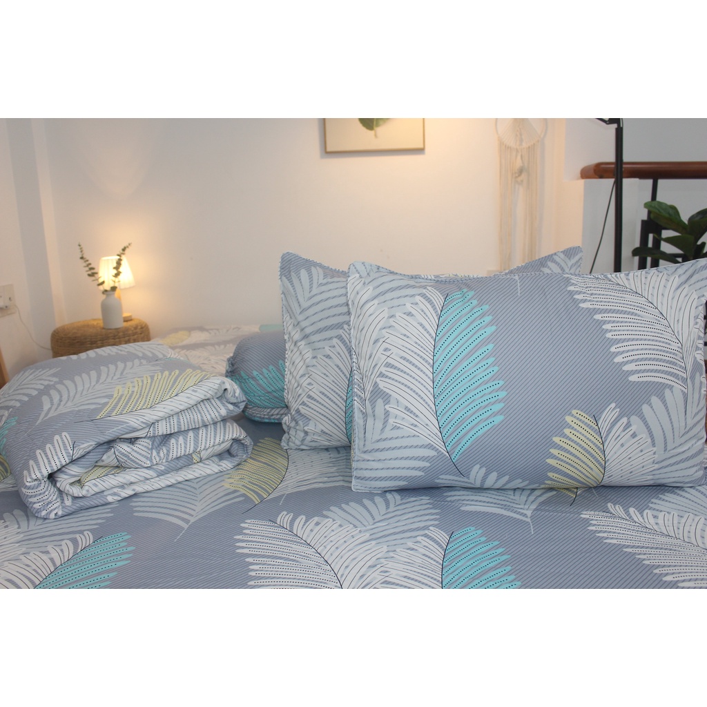 Bộ drap 4 món Cotton Thắng Lợi- Mẫu Lá Dừa Xám ( nệm dưới 15cm)