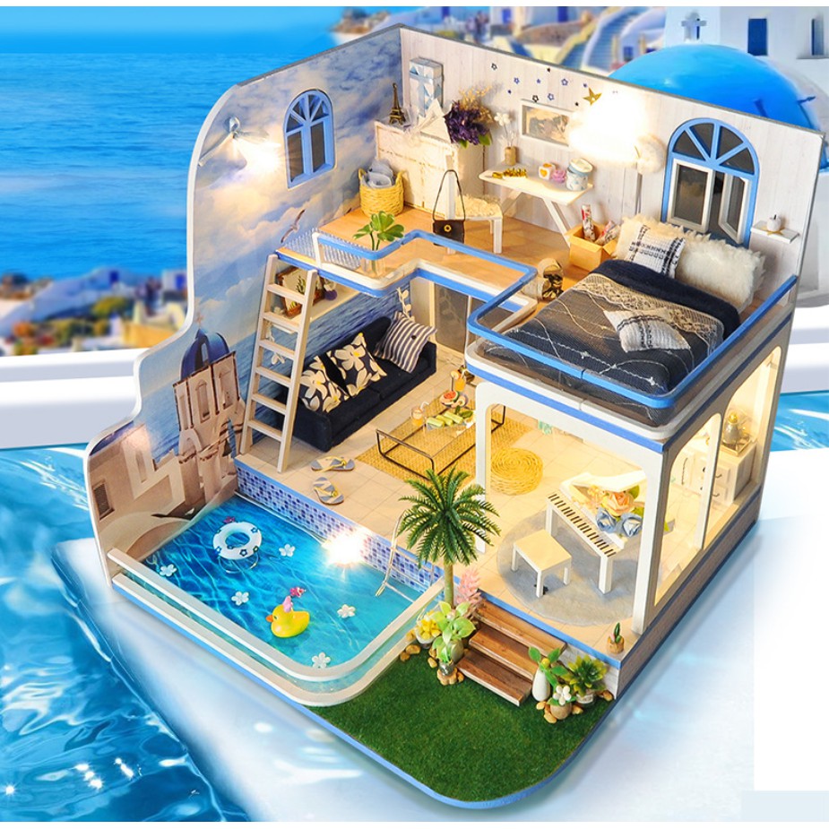 Nhà búp bê I-DIY – Biệt thự nghỉ dưỡng Aegean Sea hay thiên đường Santorini (có cót nhạc + mica)
