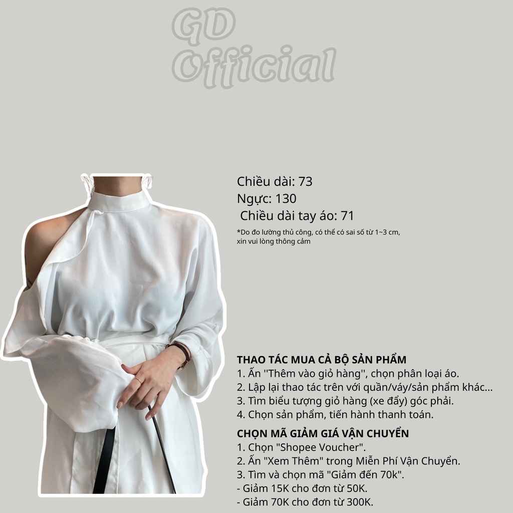A48|Áo sơ mi voan dài công sở nữ sang trọng tối giản cổ lọ đứng tròn thắt lưng eo dài tay hở vai trắng đen GD Offcial