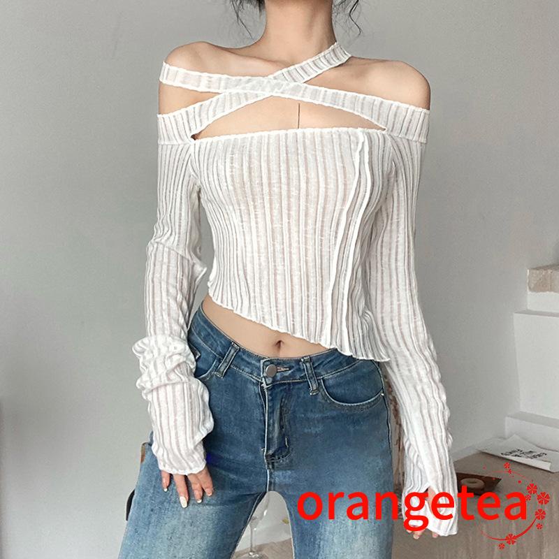 Áo Croptop Trễ Vai Tay Dài Họa Tiết Kẻ Sọc Dọc Màu Sắc Ngọt Ngào Thời Trang Cho Nữ 8