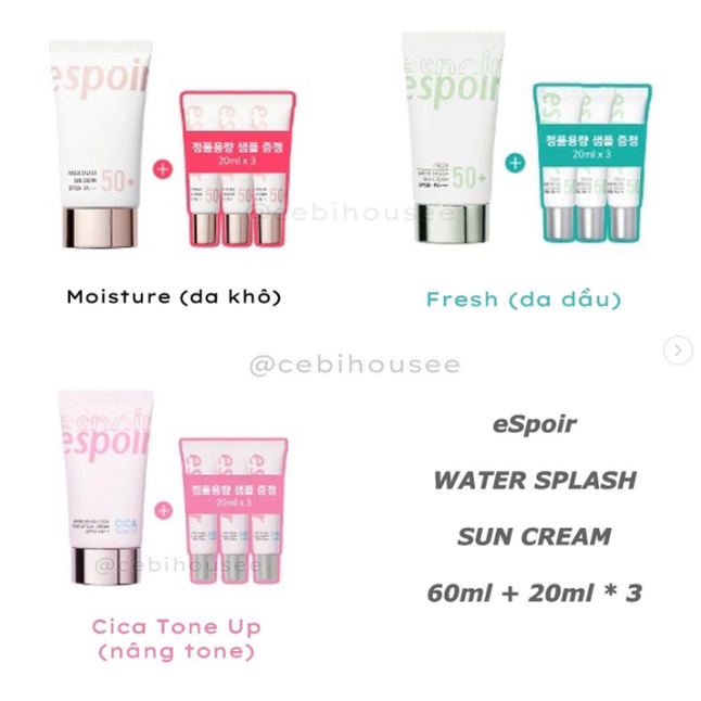 Set Kem Chống Nắng eSpoir Water Splash Sun Cream 60ml + 3 tuýp 20ml +4% phí shopee