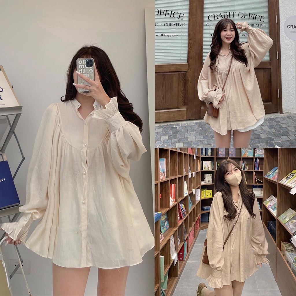 Áo sơ mi kiểu nữ Ulzzang, Áo sơ mi tay bèo phối khuy dáng rộng tiểu thư xinh xắn | WebRaoVat - webraovat.net.vn