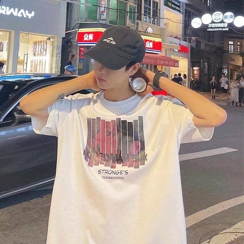 Áo Thun Tay Ngắn Cổ Tròn Dáng Rộng Phong Cách Hip Hop Hàn Quốc Cá Tính Cho Nam