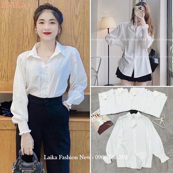 Áo sơ mi trắng nữ tay dài bo chun nhúm cổ bẻ form rộng vừa đi học làm công sở chất vải lụa mát kiểu áo sơ mi nữ tay dài