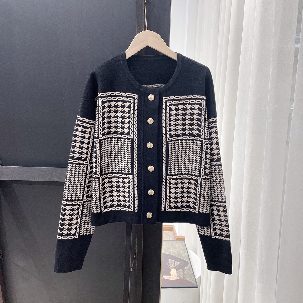 ZHGL Sandro 2022 early autumn coat sweater French retro bird Plaid knitted socialite top short cardigan women's clothing