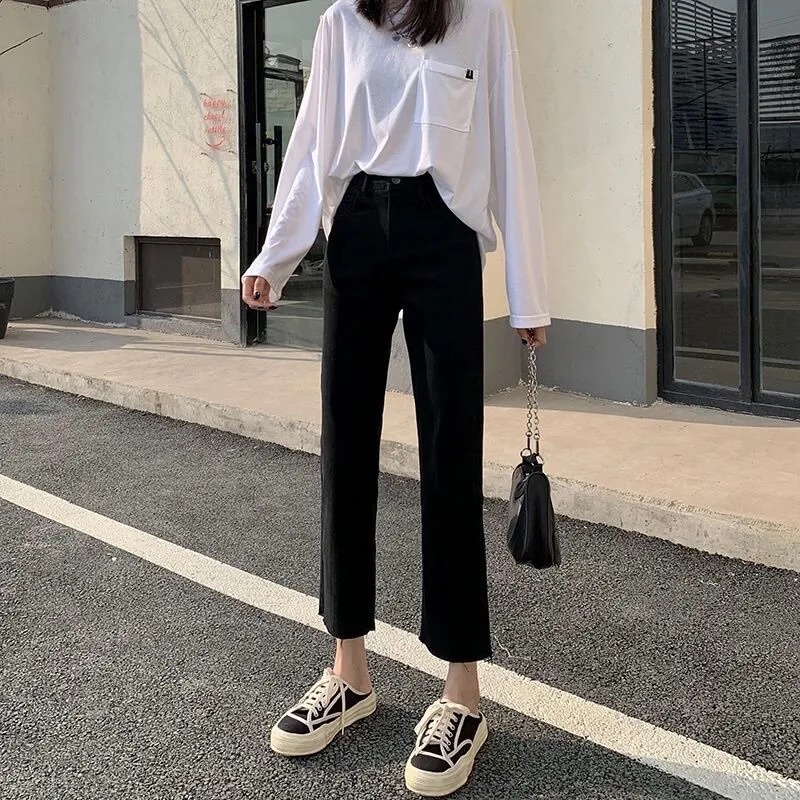Quần Jeans Nữ Ống Đứng Màu Đen Cạp Cao Chất Jean Co Dãn Đàn Hồi Dài 9 Tấc Hách Đùi Thon Lên Dáng Năng Động Mặc Hàng Ngày