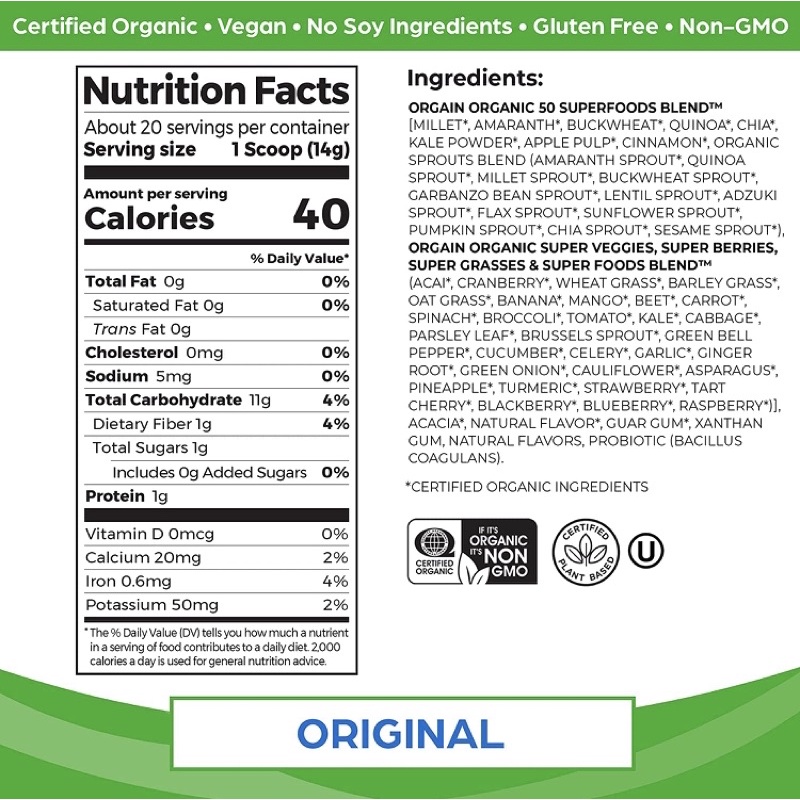 [Date 2024]Bột rau củ siêu thực phẩm hữu cơ Orgain Organic Green Superfoods Probiotics 280g USA