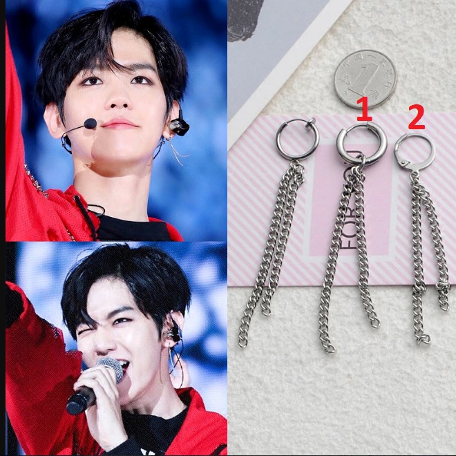 Khuyên tai titan tròn phối 2 xích dài Baekhyun Exo không gỉ