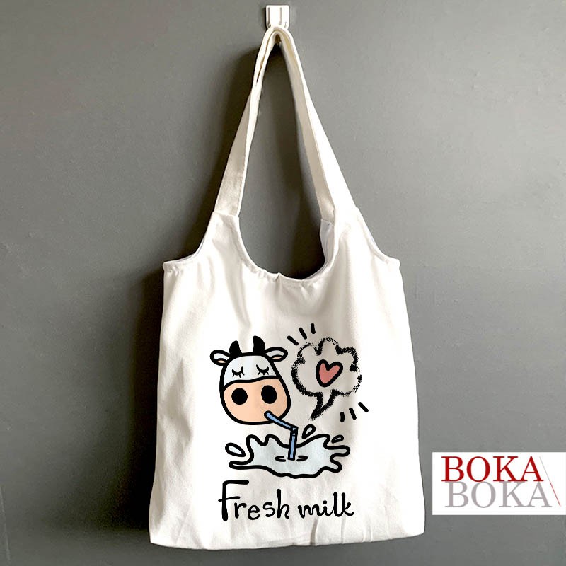 Túi Tote Bò Sữa Vải Canvas Quai Tròn Có Khóa Miệng Túi