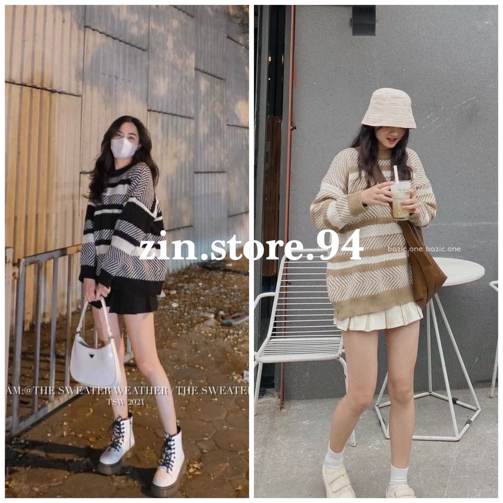 Áo len kẻ ngang nữ hàng QC cao cấp 2 màu đen, nâu