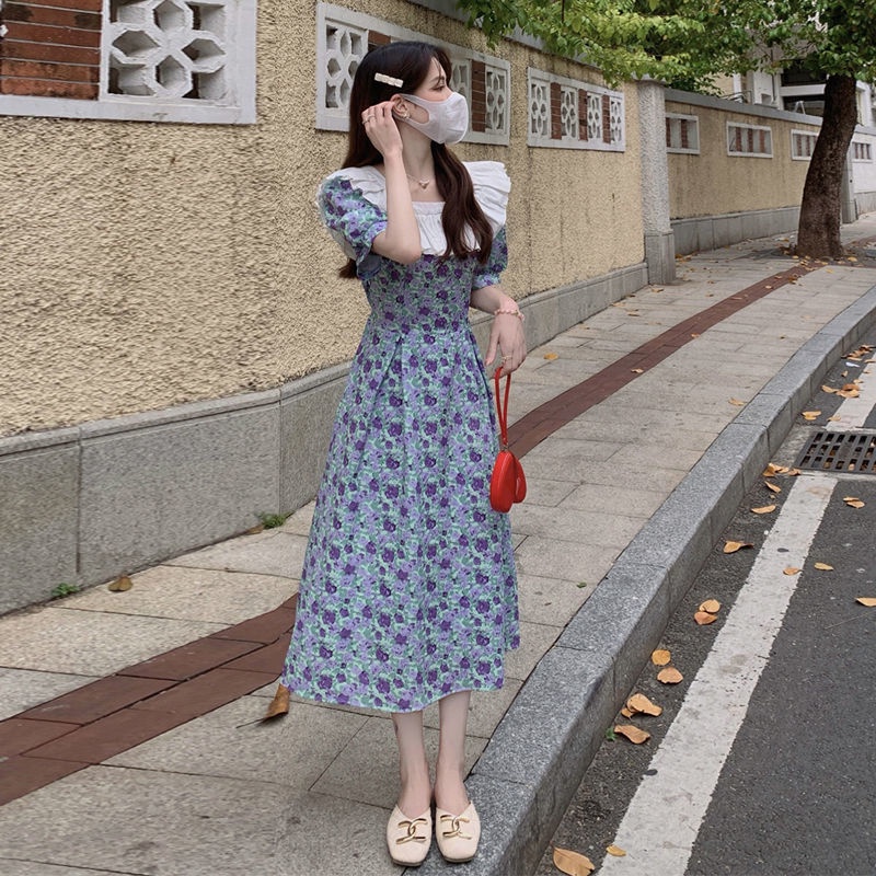 Đầm Hoa Cổ Vuông Tay Phồng Thời Trang Mùa Hè Pháp Kiểu Mới 2022