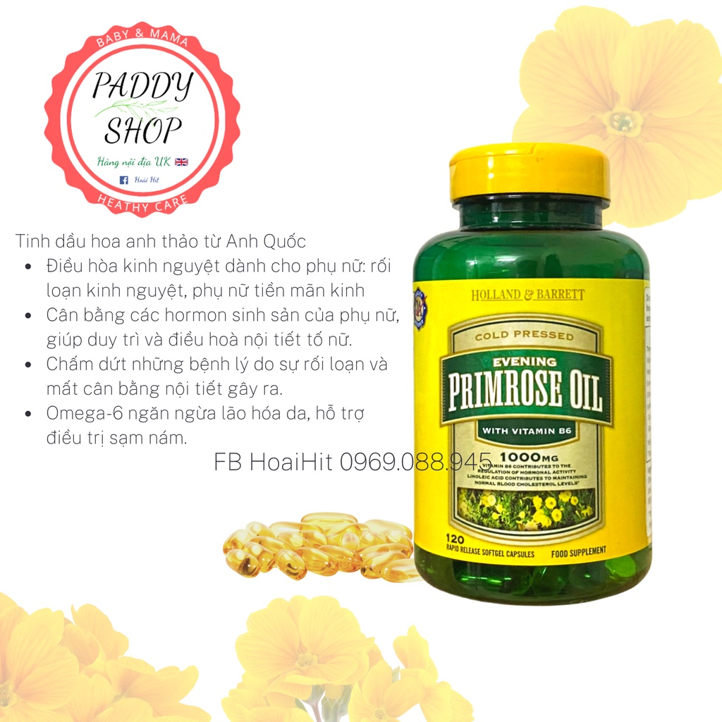 Tinh dầu hoa anh thảo Natural Evening Primrose Oil 1000mg HOLLAND & BARRETT 120 Anh Quốc