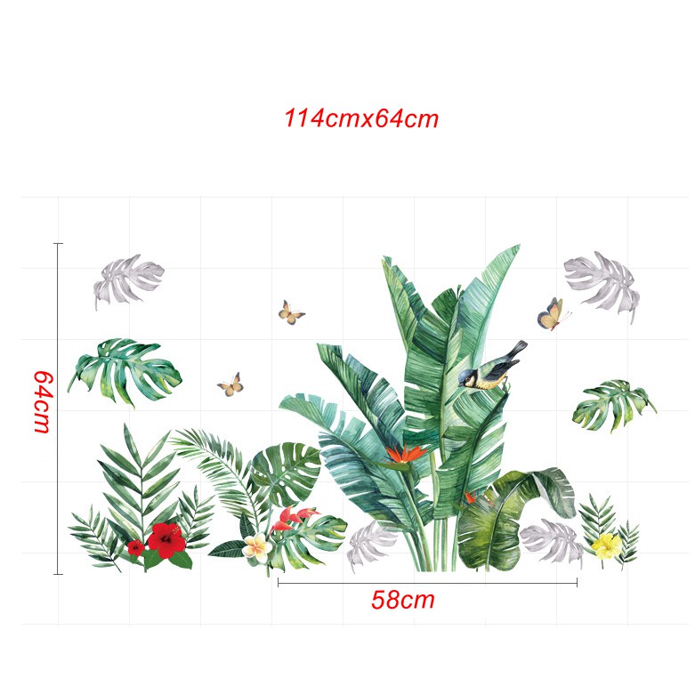 Decal dán tường trang trí - BỤI CHUỐI KẾT HỢP BẠC HÀ HOA ĐỎ CHIM XANH