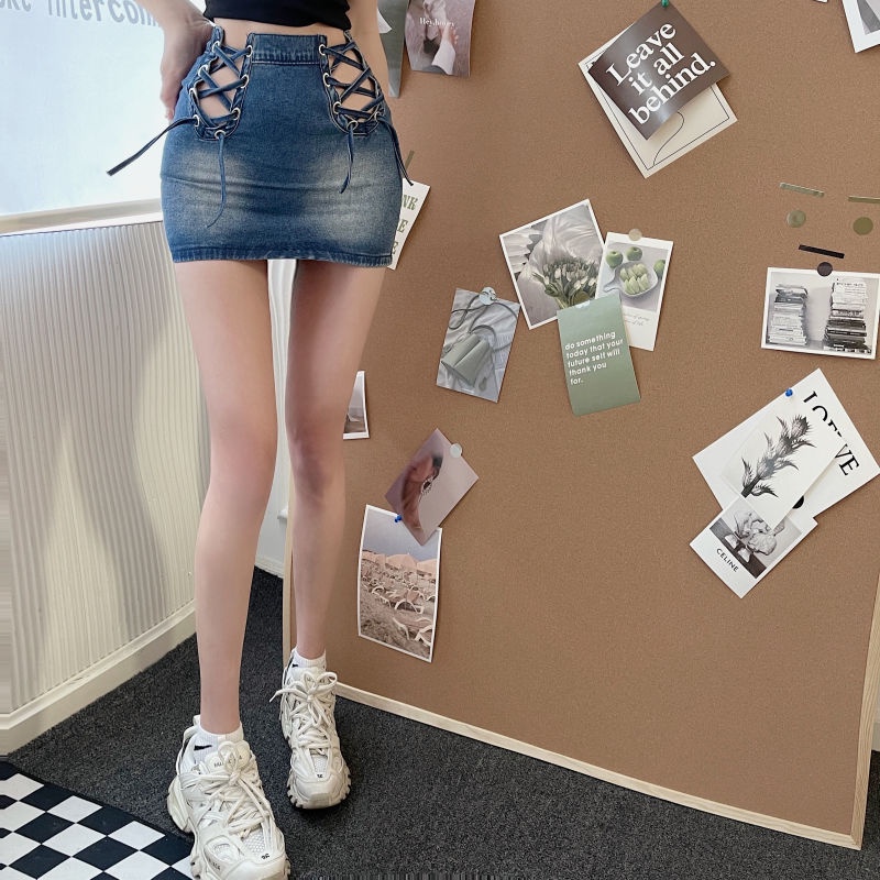 Hong Kong girls hipster hall careful machine hot girls denim short skirt high waist show legs long casual hip skirt