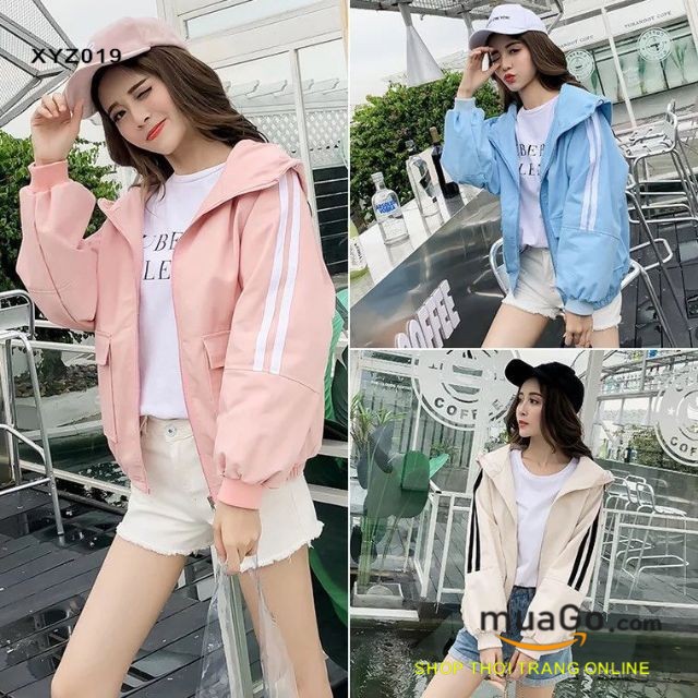 Áo khoác dù 2 lớp có 2 túi trước phối sọc tay mẫu mới 2019,áo khoác sành điệu đẹp,ÁO KHOÁC DÙ NÓN - XYZ019