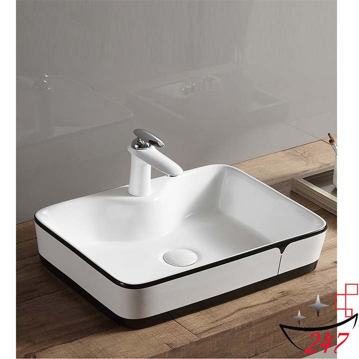 CHẬU LAVABO SỨ ĐẶT BÀN VIỀN ĐEN TINH TÉ, SANG TRỌNG