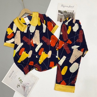 Lụa Mango - Bộ mặc nhà pijama áo cộc quần dài cổ sen lụa mango kiểu dáng dễ thương (Ảnh thật 100%)
