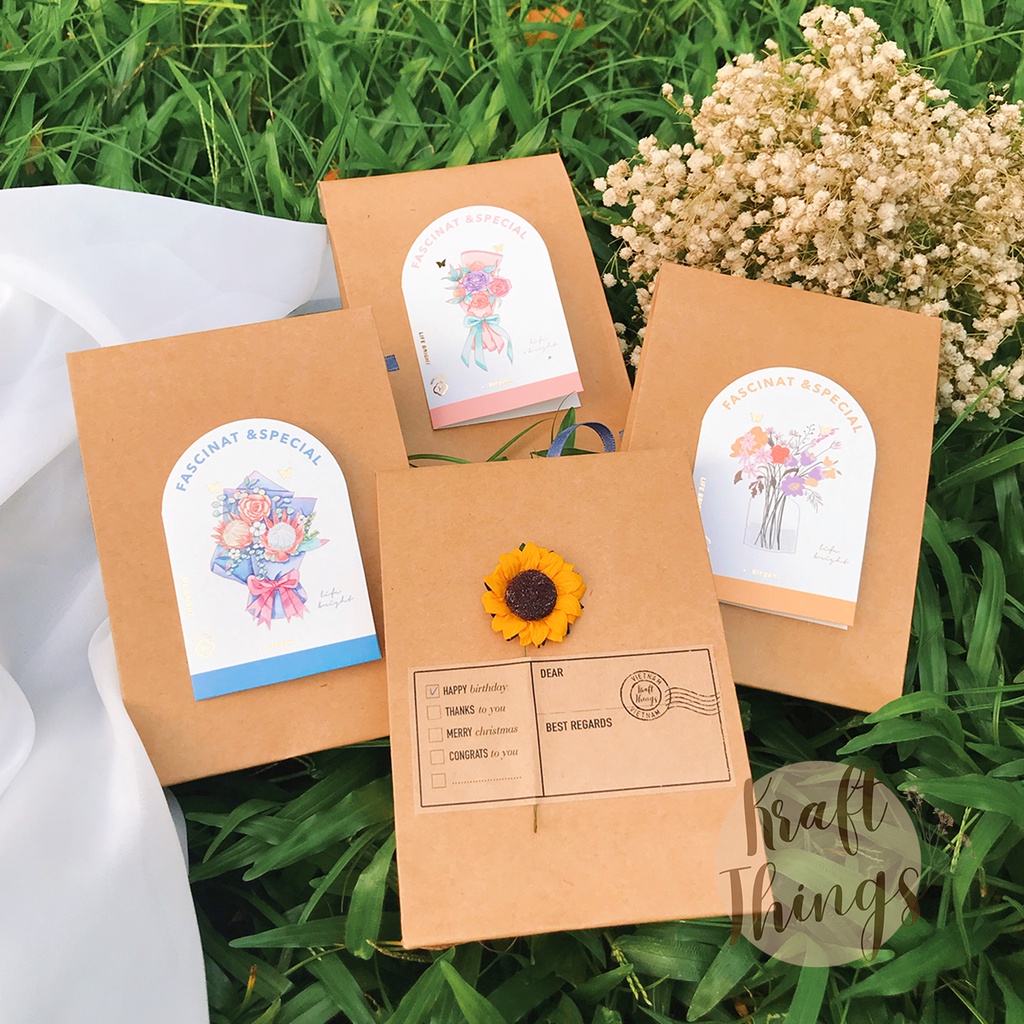 Túi đựng quà kraft nắp gập, túi giấy đựng son, phụ kiện, quà cảm ơn tiệc cưới vintage kèm nơ T02