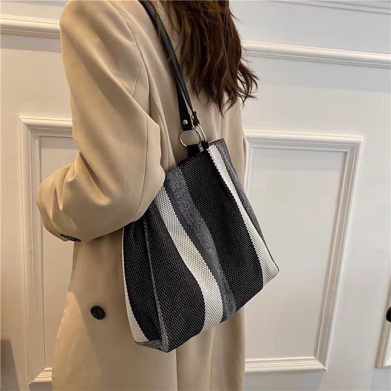 [SẴN xanh] Túi tote vải lanh sọc thanh lịch đi làm_phong cách Hàn Quốc nữ tính