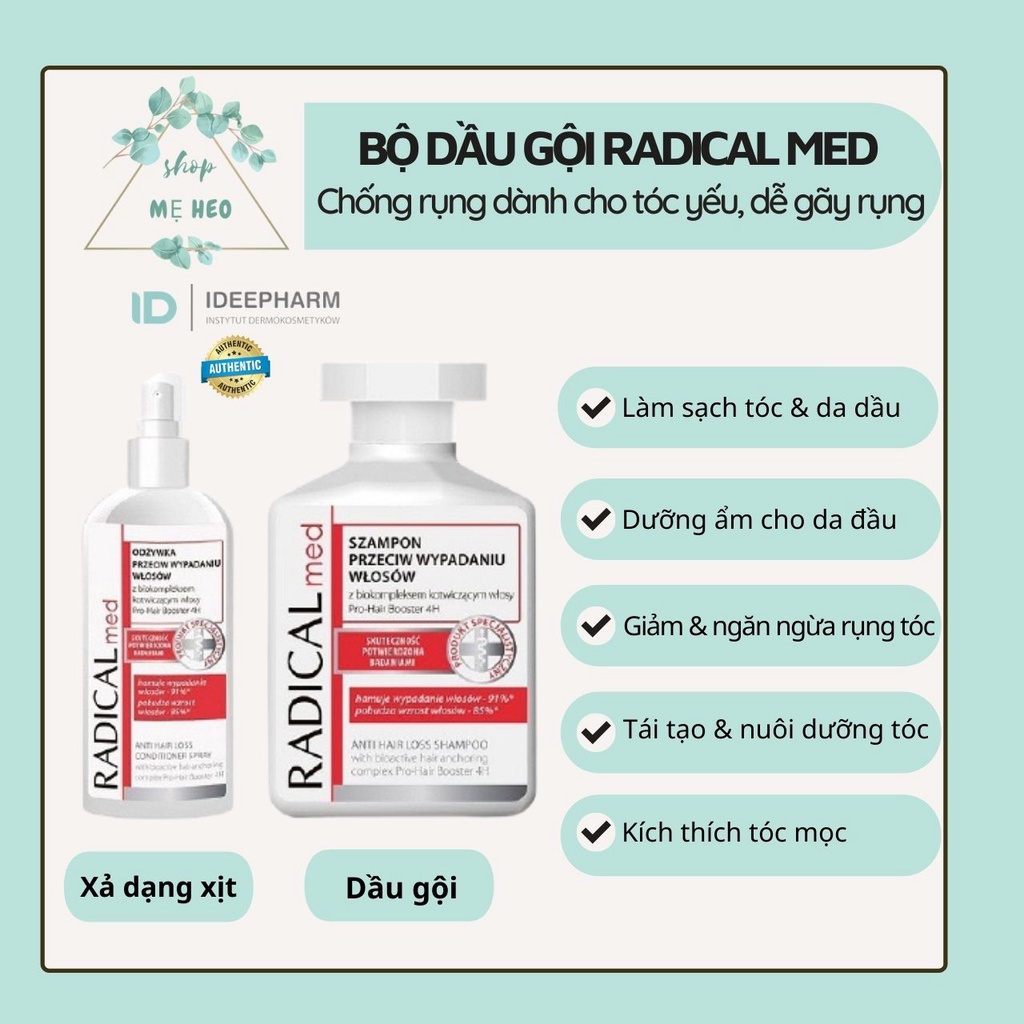 Bộ dầu gội và dầu xả dạng xịt Radical med đỏ giúp giảm rụng tóc và ngăn ngừa rụng tóc, giúp tóc mọc chắc khoẻ