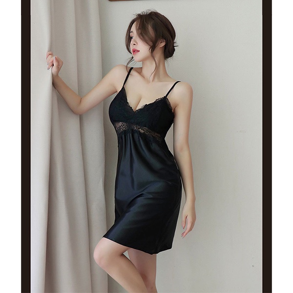 Đầm ngủ nữ 2 dây phối ren ngực gợi cảm váy ngủ sexy phi lụa đen đỏ kèm mút ngực BIKI HOUSE N141 - TPHCM