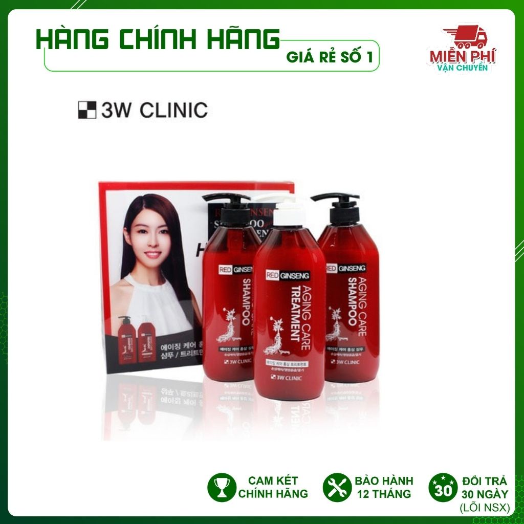Bộ 2 dầu gội 1 dầu xả ngừa rụng tóc tinh chất nhân sâm đỏ 3W CLINIC AGING CARE RED GINSENG SHAMPOO & TREATMENT-Hàn quốc